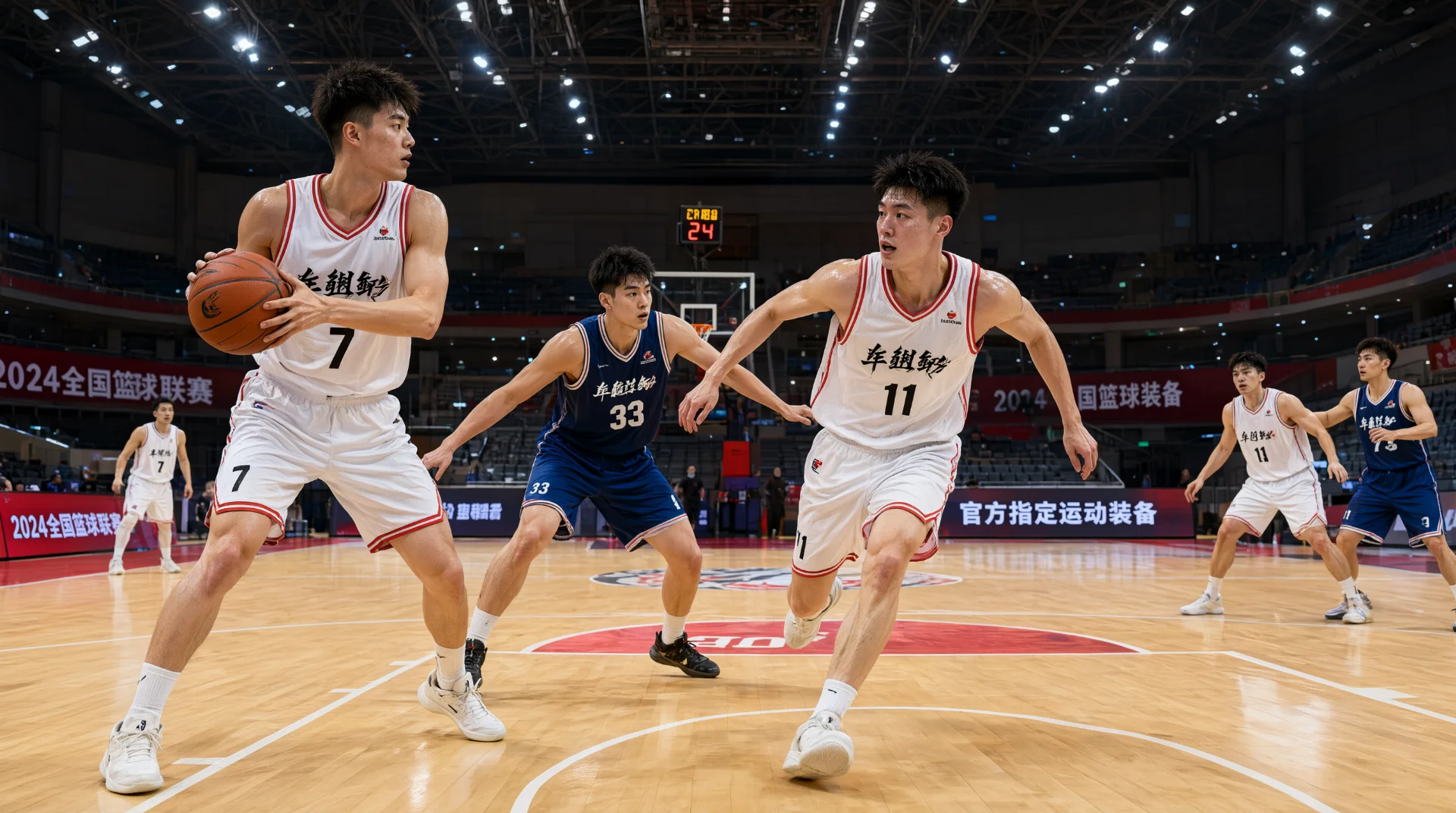 室内篮球馆中，白色7号球员双手持球观察，白色11号球员跑动切入，深蓝色33号球员张臂防守，背景还有多名白、蓝球衣球员和篮板、计时器。