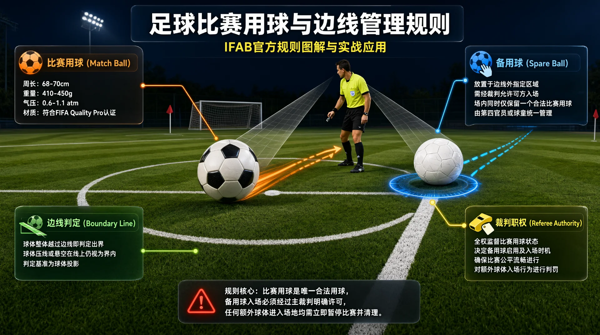 示意图中，夜晚球场上黄衣裁判站立观察，场内黑白足球滚动，边线处白球置于蓝色光圈中，背景有球门；说明框标注比赛用球、备用球、边线判定与裁判职权等规则。