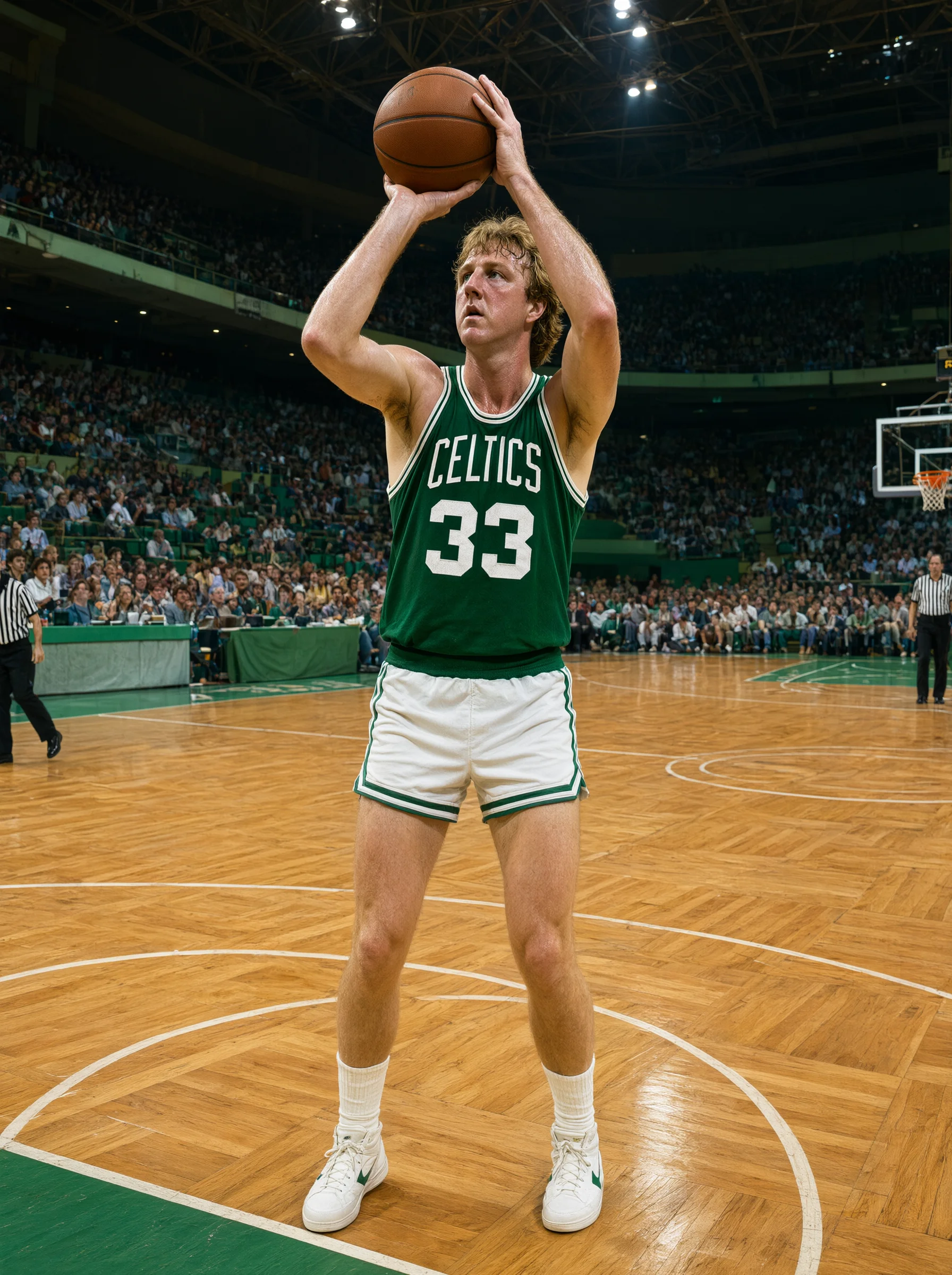 身穿绿色CELTICS 33号球衣和白色短裤的篮球运动员站在木地板球场上，双手将篮球举过头顶准备投篮，神情专注；背景是坐满观众的看台、场边裁判和篮筐。