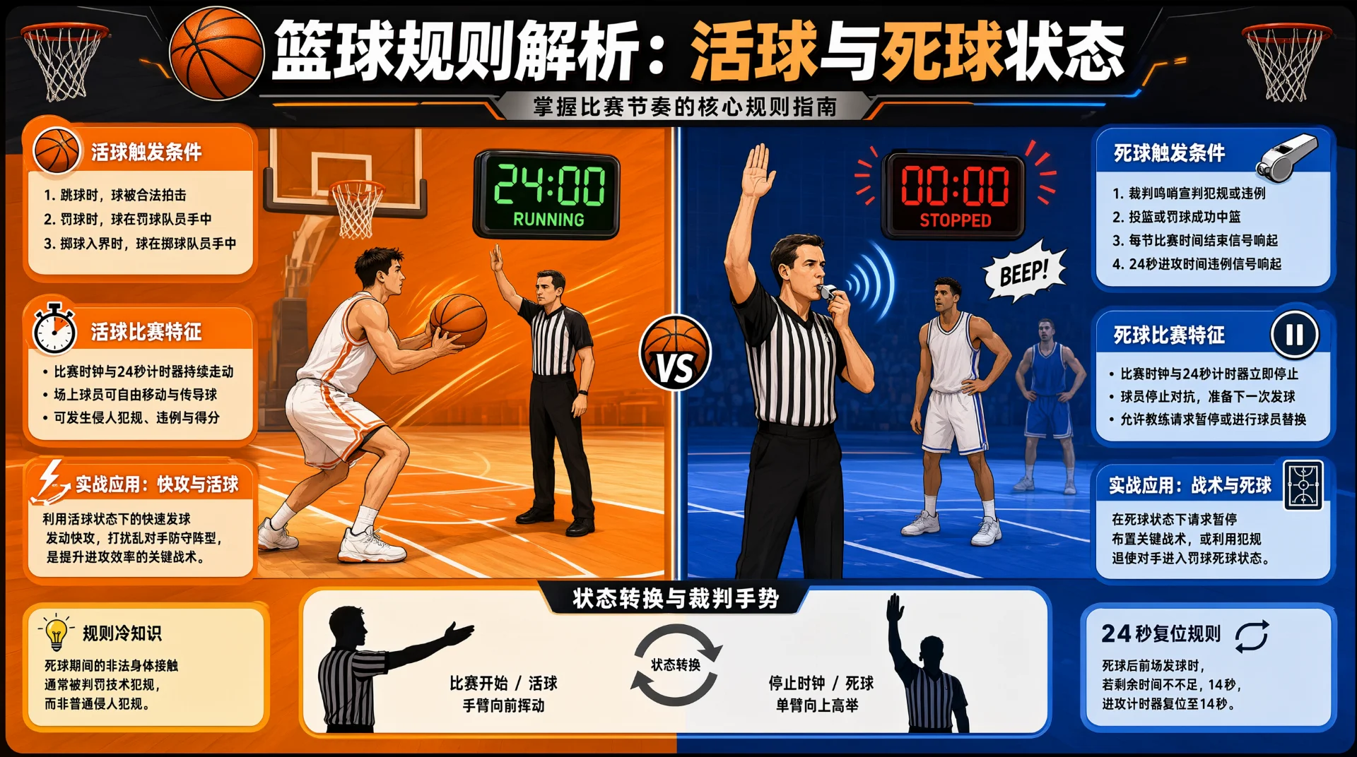 篮球活球与死球规则示意图：左侧橙色区球员持球、裁判举手，计时器24:00；右侧蓝色区裁判鸣哨举手，计时器00:00，球员站立；底部附裁判手势图。