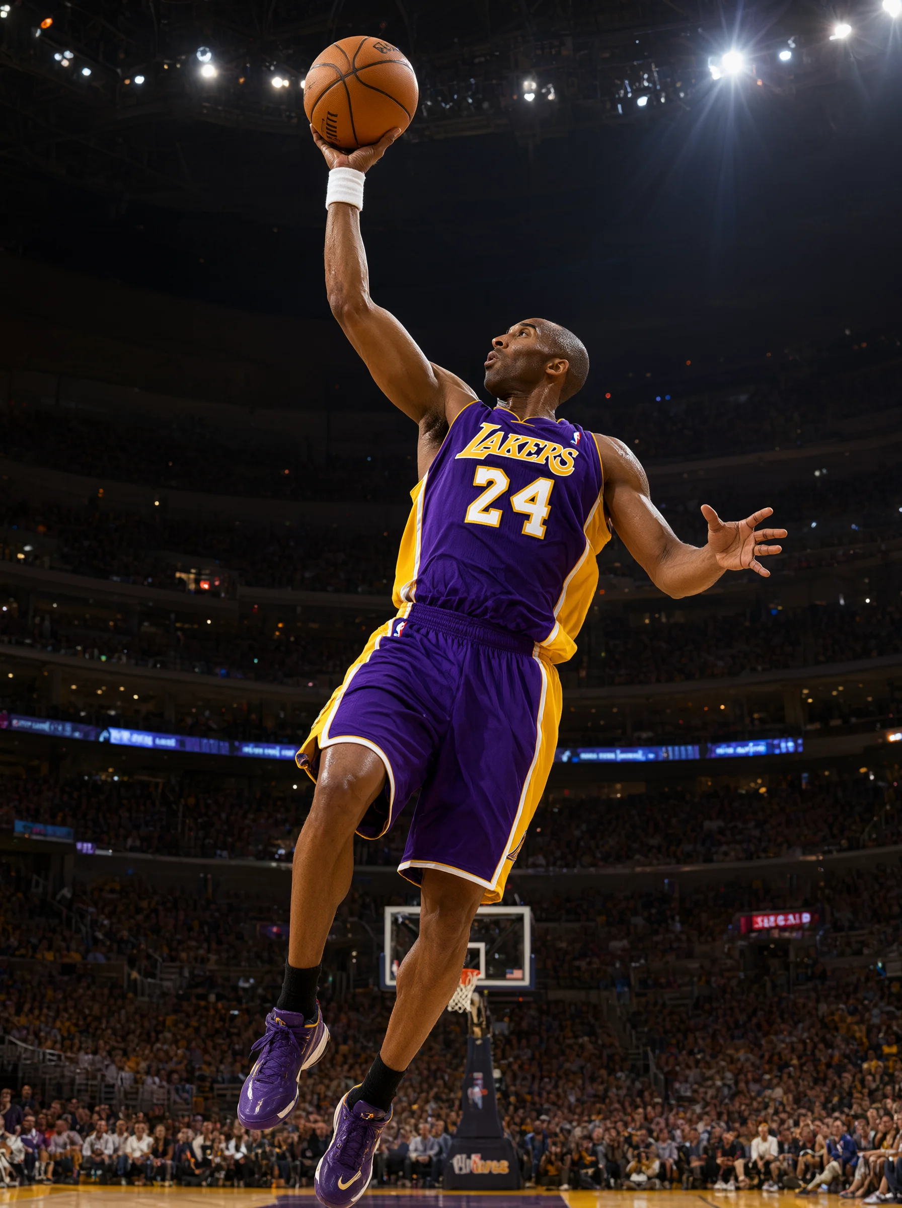 一名篮球运动员身穿印有"LAKERS 24"字样的紫色球衣腾空跃起，单手托球高举准备上篮，另一臂张开保持平衡，背景为室内球馆的观众席、灯光与篮筐。